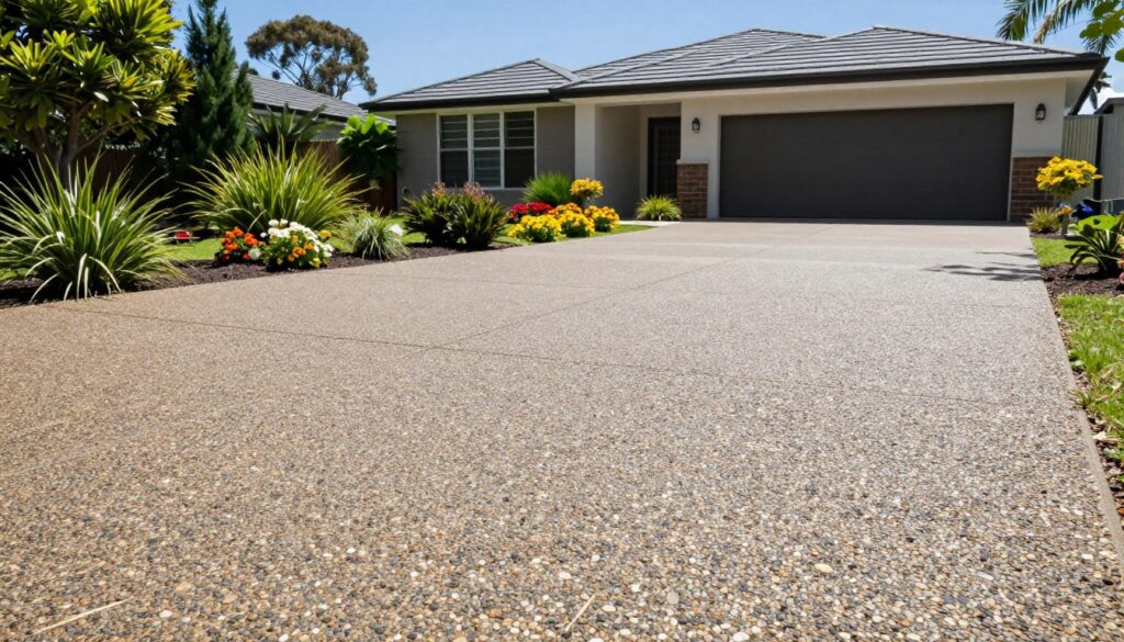A beautifully finished exposed aggregate driveway by Kan-Crete, showcasing a blend of smooth pebbles and gravel set into a polished concrete surface. In the foreground, the textured driveway glistens under bright natural light, revealing intricate patterns formed by aggregates. The middle ground features well-manicured garden beds with vibrant flowers and lush green shrubs that add a pop of color. In the background, you can see a modern family home in Queensland, set against a clear blue sky, enhancing the inviting atmosphere. The angle is slightly elevated, capturing the entire driveway\'s curvature and the harmonious balance between the concrete work and landscaping. The overall mood is warm and welcoming, highlighting the quality craftsmanship and aesthetic appeal of exposed aggregate concrete in residential settings.