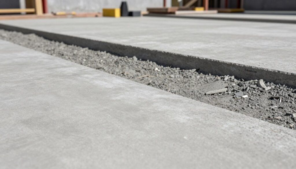 A close-up view of plain grey concrete surfaces showcasing various textures and finishes, with a focus on subtle variations in color. The foreground features a smooth, polished concrete slab positioned at an angle to highlight its clean lines. In the middle ground, a combination of aggregate and broom-finished concrete provides contrast, illustrating different applications. The background is softly blurred with hints of construction tools and a clear sky to suggest an outdoor environment in Logan, Queensland. Use natural daylight illuminating the scene from the left to create soft shadows, enhancing the textures. The overall mood should be calm and professional, with a sense of durability and reliability, emphasizing the quality of \"Kan-Crete\".