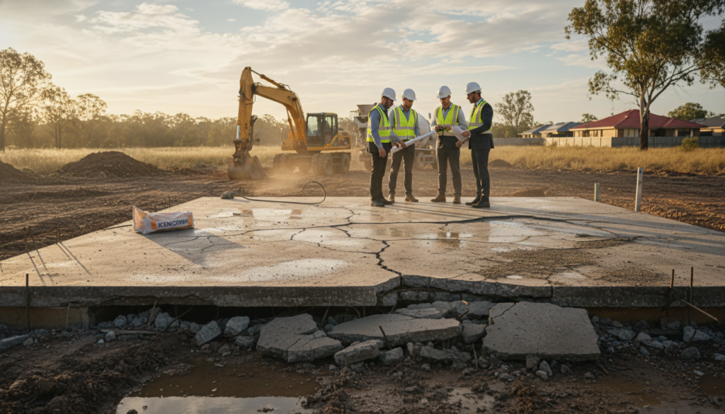 A detailed construction site in Browns Plains, showcasing a failed foundation slab with visible cracks and uneven surfaces in the foreground. In the middle ground, include construction workers in professional business attire, examining the site and discussing solutions. The background features typical Australian landscape elements like eucalyptus trees and distant suburban houses. Use natural lighting to highlight the textures of the concrete and the earth, with a focus on the contrast between the damaged slab and the surrounding environment. Capture the scene from a low angle to emphasize the foundation's flaws, evoking a mood of urgency and the need for expertise. Incorporate the brand name "Kan-Crete" subtly within the scene, perhaps on a signage or equipment. A detailed construction site in Browns Plains, showcasing a failed foundation slab with visible cracks and uneven surfaces in the foreground. In the middle ground, include construction workers in professional business attire, examining the site and discussing solutions. The background features typical Australian landscape elements like eucalyptus trees and distant suburban houses. Use natural lighting to highlight the textures of the concrete and the earth, with a focus on the contrast between the damaged slab and the surrounding environment. Capture the scene from a low angle to emphasize the foundation's flaws, evoking a mood of urgency and the need for expertise. Incorporate the brand name "Kan-Crete" subtly within the scene, perhaps on a signage or equipment.