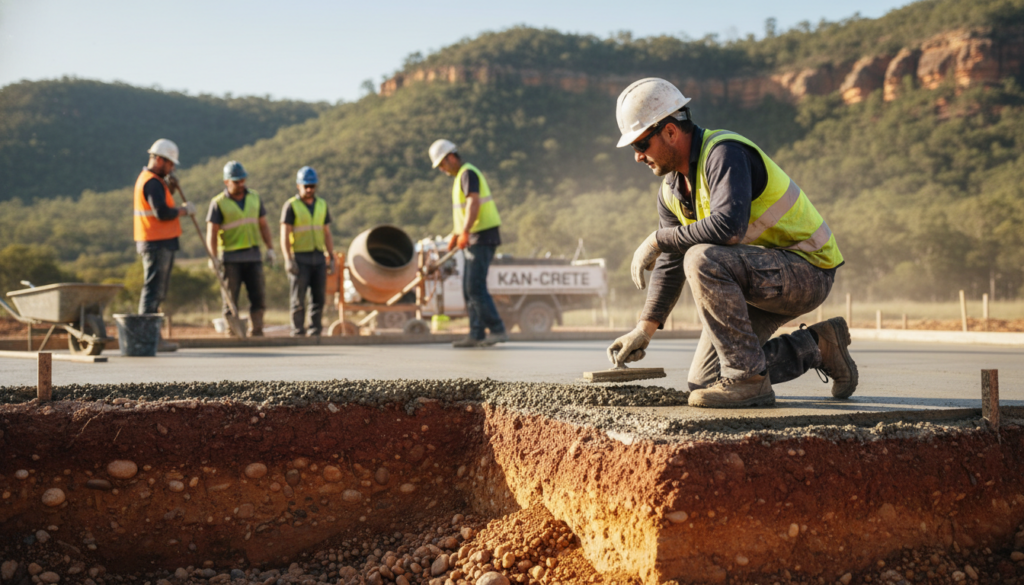 A professional concreter in work attire, focused and engaged, stands amidst a partially laid concrete slab illustrating the unique, rich soil of Logan, Australia. In the foreground, detailed textures of raw concrete and earthy soil layers are visible. In the middle ground, a team of skilled workers from Kan-Crete collaborates, measuring and blending materials, with tools like trowels and mixers prominently displayed. The background reveals scenic Logan geology, featuring layered rock formations and lush greenery under a bright afternoon sun, casting soft, natural light. The composition employs a shallow depth of field, drawing attention to the concreters while maintaining the geological context, creating a mood of expertise and diligence in construction. A professional concreter in work attire, focused and engaged, stands amidst a partially laid concrete slab illustrating the unique, rich soil of Logan, Australia. In the foreground, detailed textures of raw concrete and earthy soil layers are visible. In the middle ground, a team of skilled workers from Kan-Crete collaborates, measuring and blending materials, with tools like trowels and mixers prominently displayed. The background reveals scenic Logan geology, featuring layered rock formations and lush greenery under a bright afternoon sun, casting soft, natural light. The composition employs a shallow depth of field, drawing attention to the concreters while maintaining the geological context, creating a mood of expertise and diligence in construction.