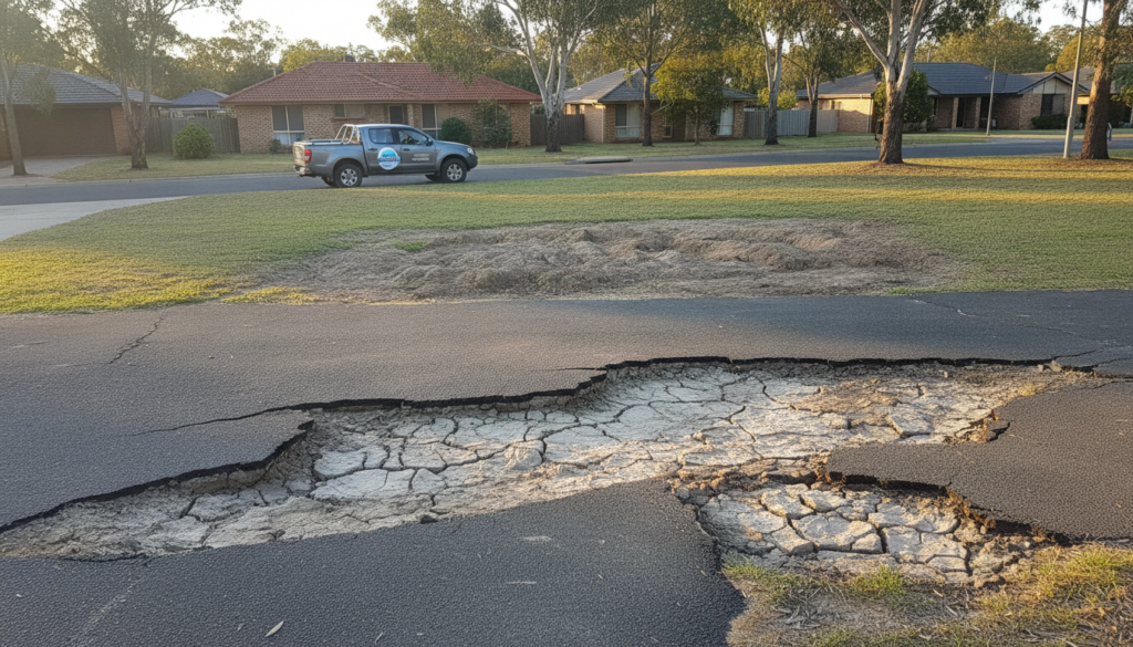A detailed scene showcasing a cracked driveway in Logan, surrounded by reactive clay soil. In the foreground, highlight a wide crack in the driveway, emphasizing uneven surfaces and fissures, with patches of dry clay soil visible. In the middle ground, include a grassy area where the soil begins to swell, illustrating how moisture fluctuations affect the driveway's stability. The background should feature a suburban setting with modest homes and trees, bathed in warm natural sunlight, creating a realistic atmosphere. Capture the image from a slightly elevated angle, using a wide lens to encompass the driveway and surrounding landscape. The overall mood should reflect concern and urgency regarding driveway maintenance, while also portraying the unique characteristics of Logan's soil. Include branding subtly: a Kan-Crete logo on a small maintenance vehicle parked nearby.