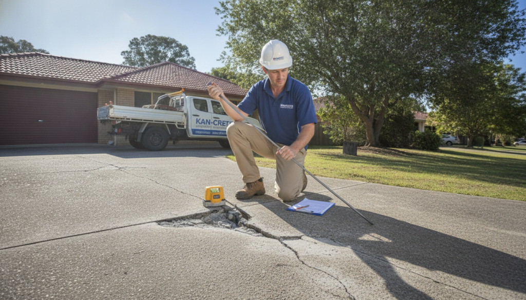 A professional driveway diagnosis scene featuring a concrete specialist from Kan-Crete analyzing a cracked and sunken driveway on Logan's reactive clay soils. In the foreground, the specialist, wearing a hard hat and business casual attire, inspects the concrete surface with a measuring tool. In the middle ground, the cracked driveway showcases visible fissures and uneven sections, with contrasting patches of healthy and degraded concrete. The background features a typical suburban setting in Logan, with houses and trees reflecting a sunny day. Soft natural lighting casts gentle shadows, adding depth to the scene. The atmosphere conveys a tone of professionalism and urgency, emphasizing the importance of accurate diagnosis before repair.