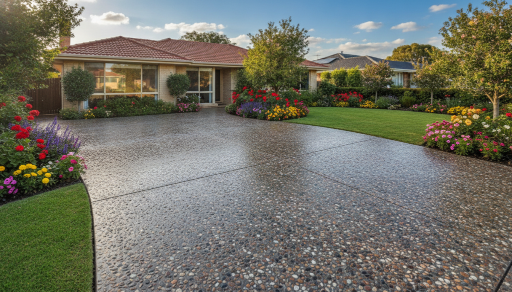 A beautifully designed exposed aggregate concrete driveway stretches across a suburban home, showcasing its detailed texture and varied stone colors. In the foreground, the smooth finish of the driveway glistens in warm afternoon sunlight, emphasizing its durability and aesthetic appeal. The middle ground features well-maintained landscaping with vibrant green grass and colorful flower beds, providing a stark contrast to the driveway. In the background, a charming single-story home with large windows and a tiled roof reflects a cozy environment. The scene captures a serene and inviting atmosphere, with bright blue skies and soft, fluffy clouds. The lighting is bright yet warm, evoking a sense of long-term investment and value in home aesthetics, taken from a slightly elevated angle for a comprehensive view.