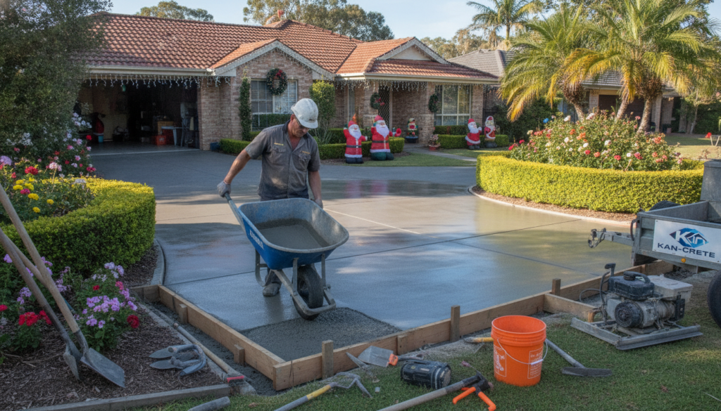 A vibrant outdoor scene showcasing a professional concreting crew from Kan-Crete actively working on a residential driveway in Logan. In the foreground, a skilled worker pours fresh, smooth concrete into a wooden form, with tools like trowels and buckets scattered nearby. The middle ground features neatly finished concrete slabs, glistening in the sunlight, illustrating the craftsmanship of concrete resurfacing. Lush greenery and well-maintained gardens frame the area, creating a warm, inviting atmosphere. In the background, suburban homes adorned with festive Christmas decorations add to the holiday spirit. Soft, natural lighting bathes the scene, enhancing the textures of the concrete and the vibrant colors of the surrounding landscape, evoking a sense of preparation and reliability for homeowners. A vibrant outdoor scene showcasing a professional concreting crew from Kan-Crete actively working on a residential driveway in Logan. In the foreground, a skilled worker pours fresh, smooth concrete into a wooden form, with tools like trowels and buckets scattered nearby. The middle ground features neatly finished concrete slabs, glistening in the sunlight, illustrating the craftsmanship of concrete resurfacing. Lush greenery and well-maintained gardens frame the area, creating a warm, inviting atmosphere. In the background, suburban homes adorned with festive Christmas decorations add to the holiday spirit. Soft, natural lighting bathes the scene, enhancing the textures of the concrete and the vibrant colors of the surrounding landscape, evoking a sense of preparation and reliability for homeowners.