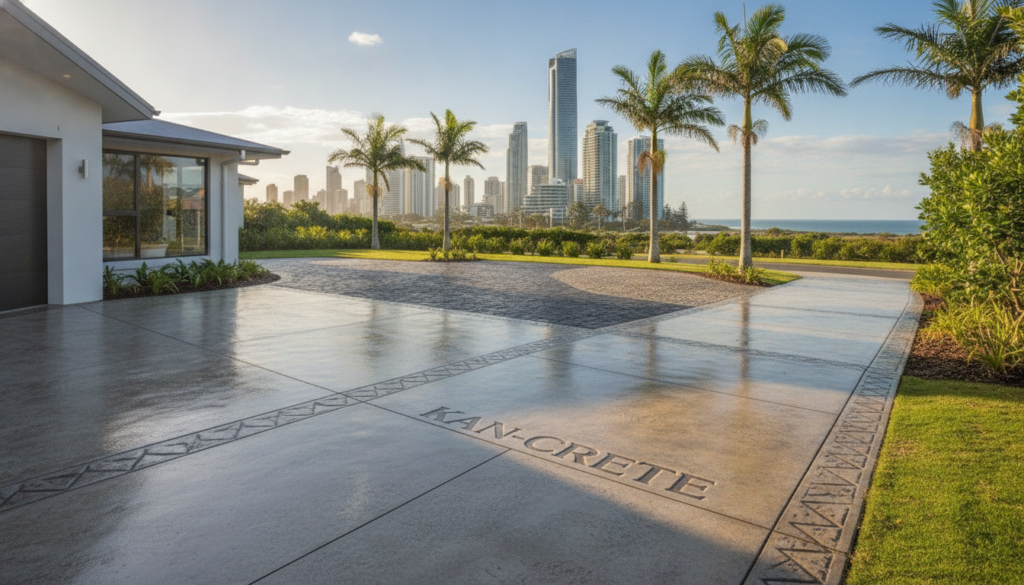 A picturesque view of a modern driveway on the Gold Coast, showcasing high-quality concrete options. In the foreground, a neatly finished driveway leads up to a contemporary home, featuring decorative border designs and smooth, polished surfaces. In the middle ground, additional driveway styles, including stamped concrete and exposed aggregate, are displayed under soft, natural sunlight. The background illustrates the iconic Gold Coast skyline with palm trees swaying gently, suggesting an inviting coastal atmosphere. The scene has a warm, sunny ambiance, enhancing the appeal of the driveways. The image should reflect professionalism and quality, prominently featuring the brand name "Kan-crete". Capture the scene with a wide-angle lens to encompass the beauty and variety of driveway options available.